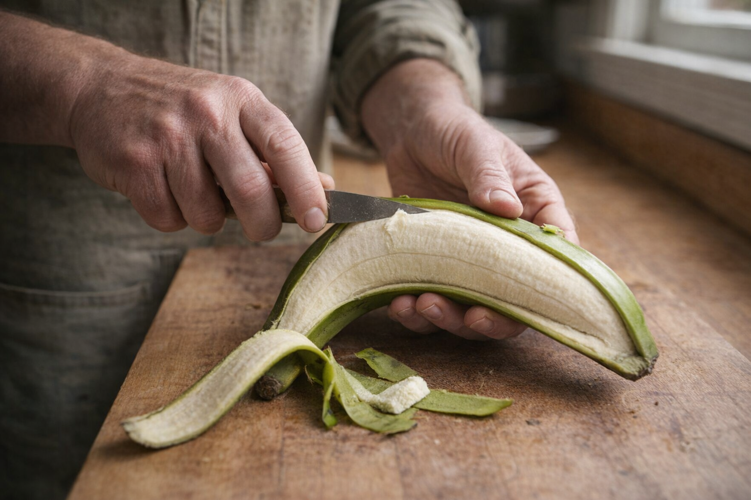 Close-up shot of a cook's hands peeling a green plantain on a wooden cutting board with a paring knife, showcasing the firm, white flesh